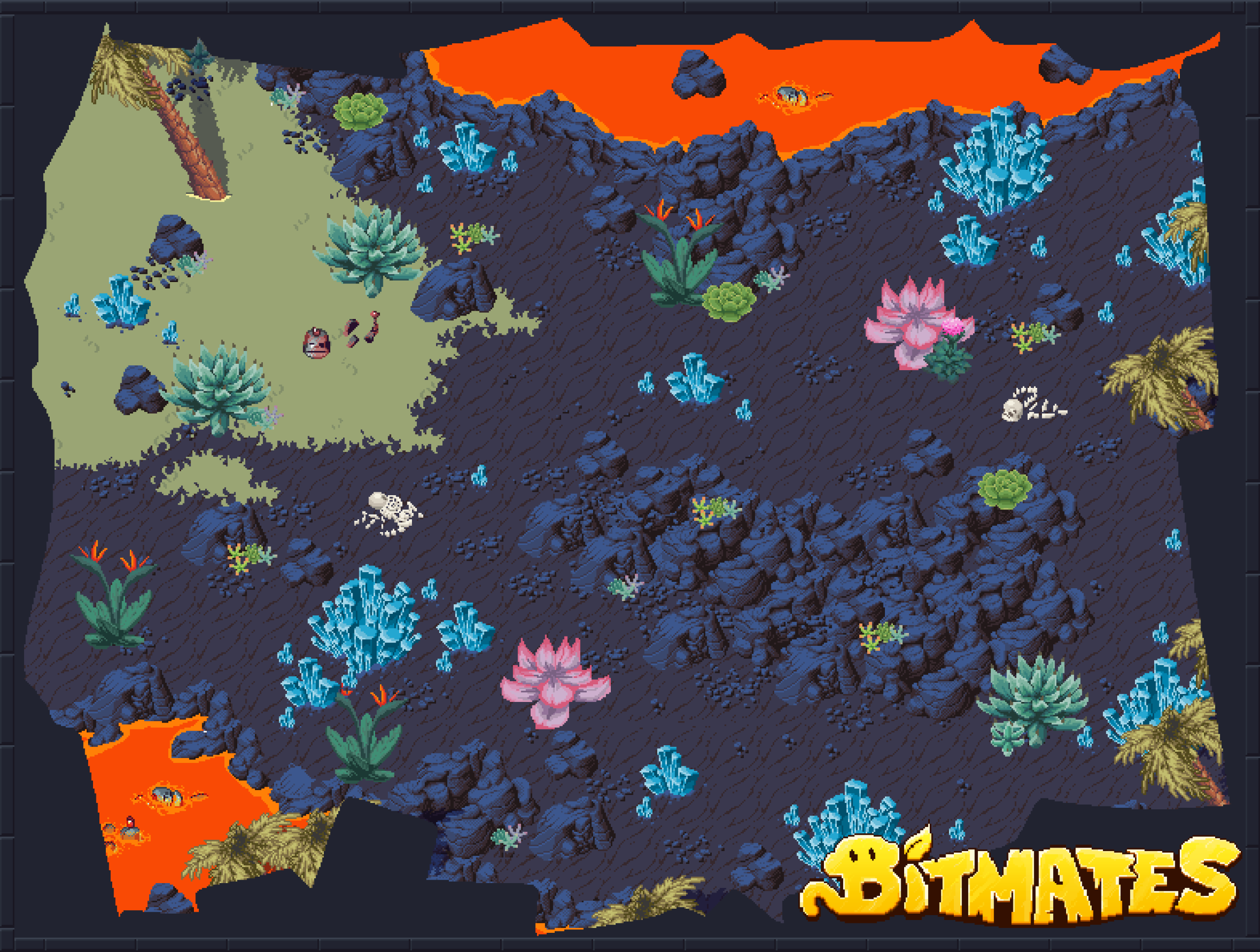 A very lava flooded and rocky terrain plenty of lowers, succulents and crystals. Some bones are visible, some ruins and a few od dead palm trees.