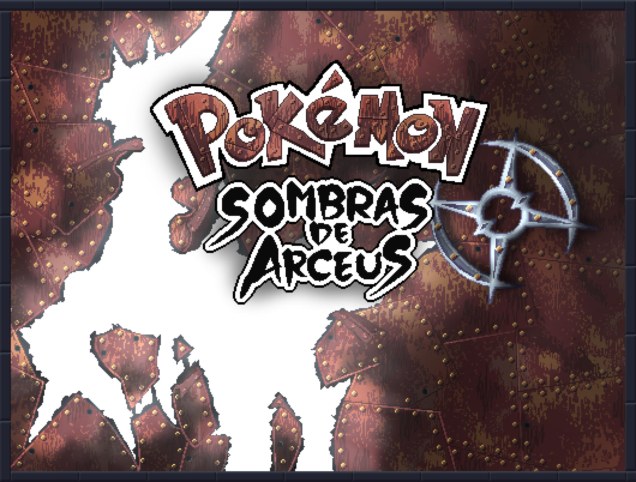 A cover where a lot of rusted iron sheets are screwed together shaping the silhouette of the Pokemon Arceus