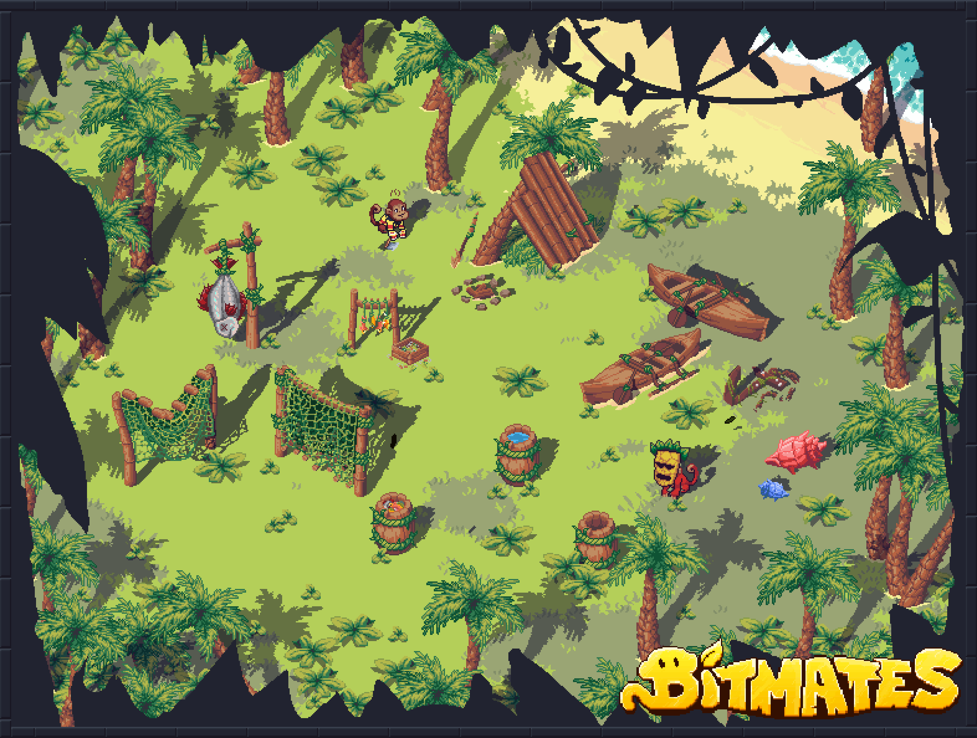 A very wild beach plenty of grass and palms where some monkeys that seems to have had a shipwreck are surviving fishing, with handmade boats, barrels and beds, some nets and fishing bait. There's also two monkeys, one with a mask that cleans it and another